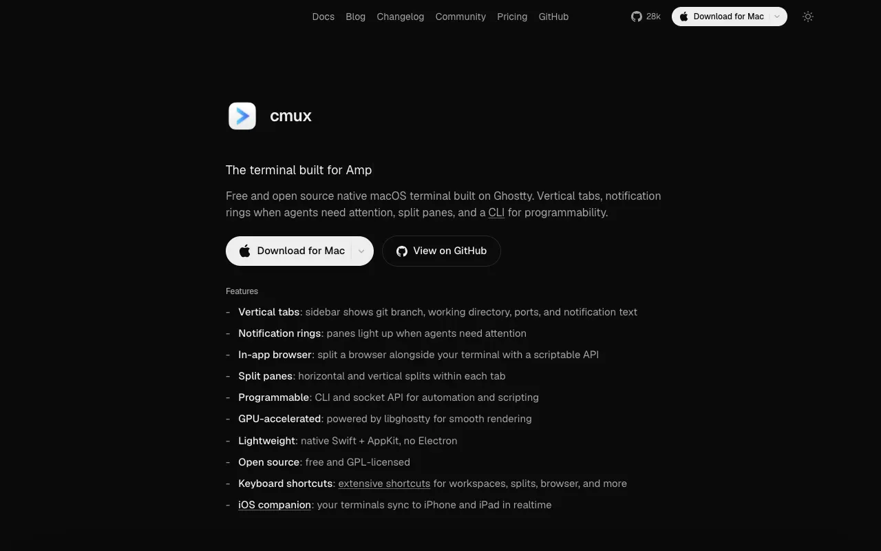 cmux homepage: "The terminal built for Amp", a native macOS terminal built on Ghostty, with a feature list.