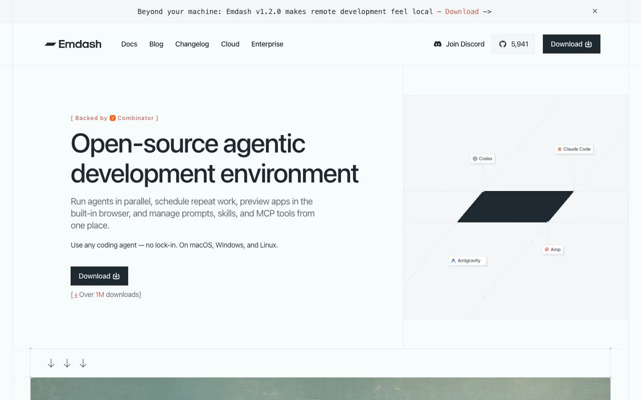 Emdash homepage with the headline "Open-source agentic development environment" and a download button for macOS, Windows and Linux.