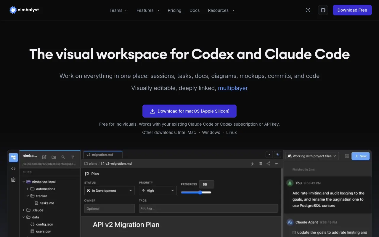 Nimbalyst homepage with the headline "The visual workspace for Codex and Claude Code" above a screenshot of the app.