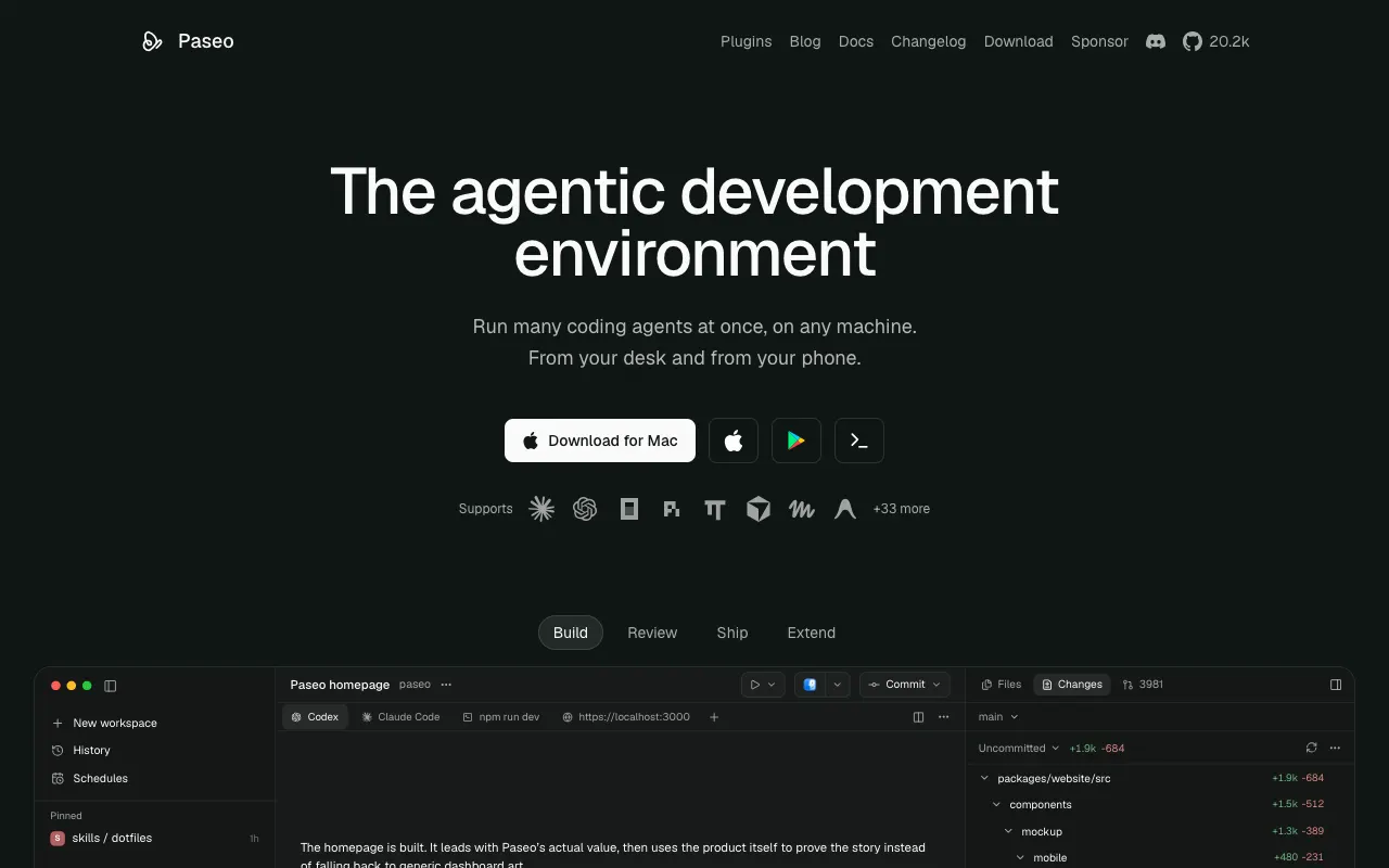 Paseo homepage with the headline "The agentic development environment" and download buttons for Mac, iOS, Android and the terminal.