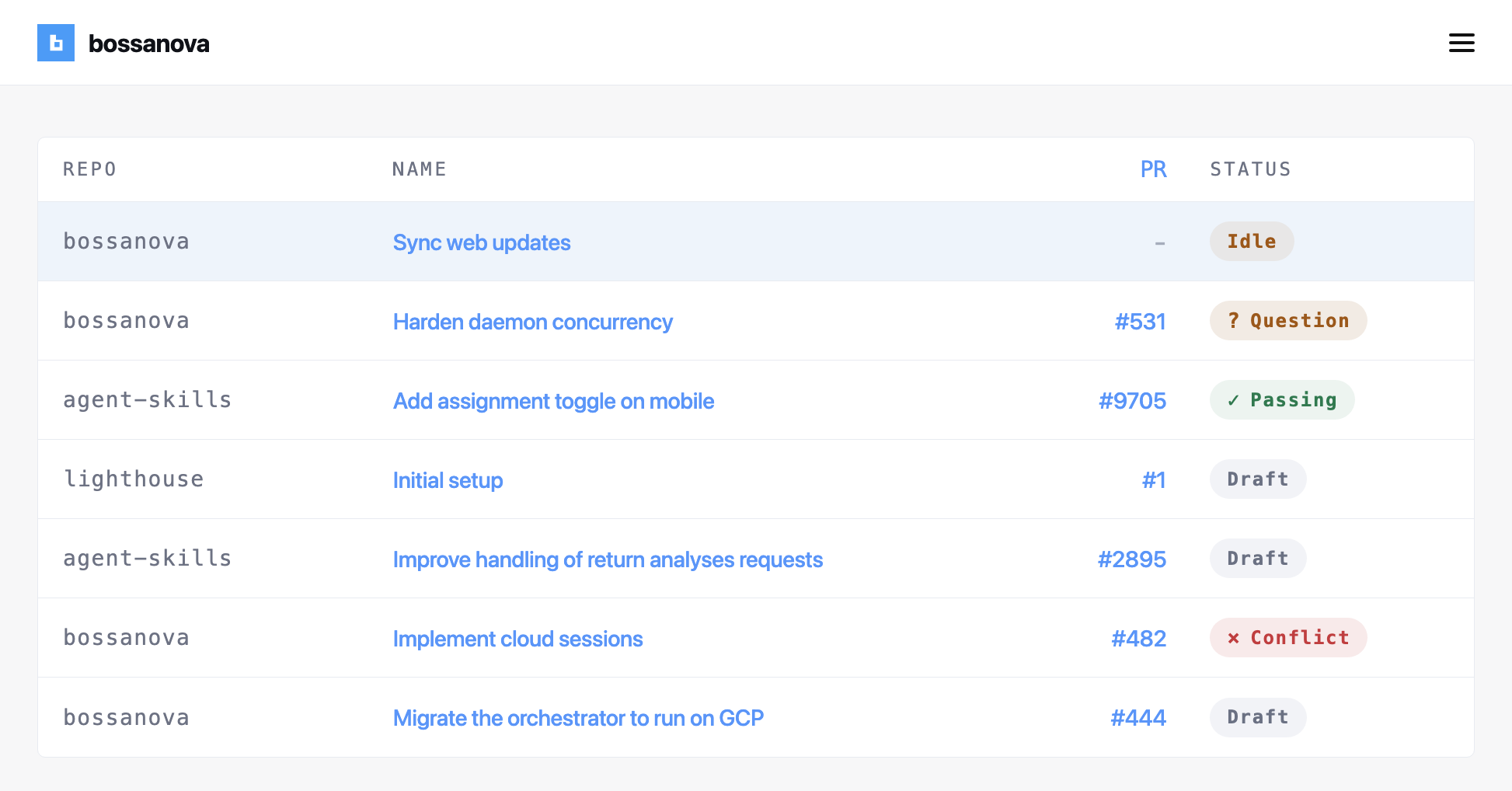Bossanova web dashboard listing remote agent work across repositories, pull requests, and statuses.