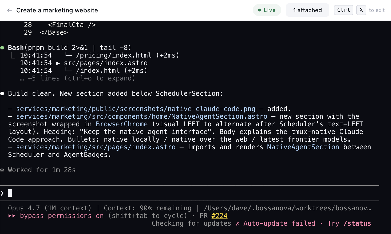 Native Claude Code TUI running inside Bossanova, showing live tool output and the active model (Opus 4.7, 1M context) in the status line.
